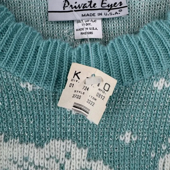 Vintage Private Eyes Teal Floral Rose Knit Sweater Metallic Lurex Crew Neck USA - Picture 3 of 8